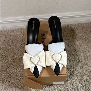 Reformation Wilson Bow Cream Satin Heart-Embellished Pointed Mule